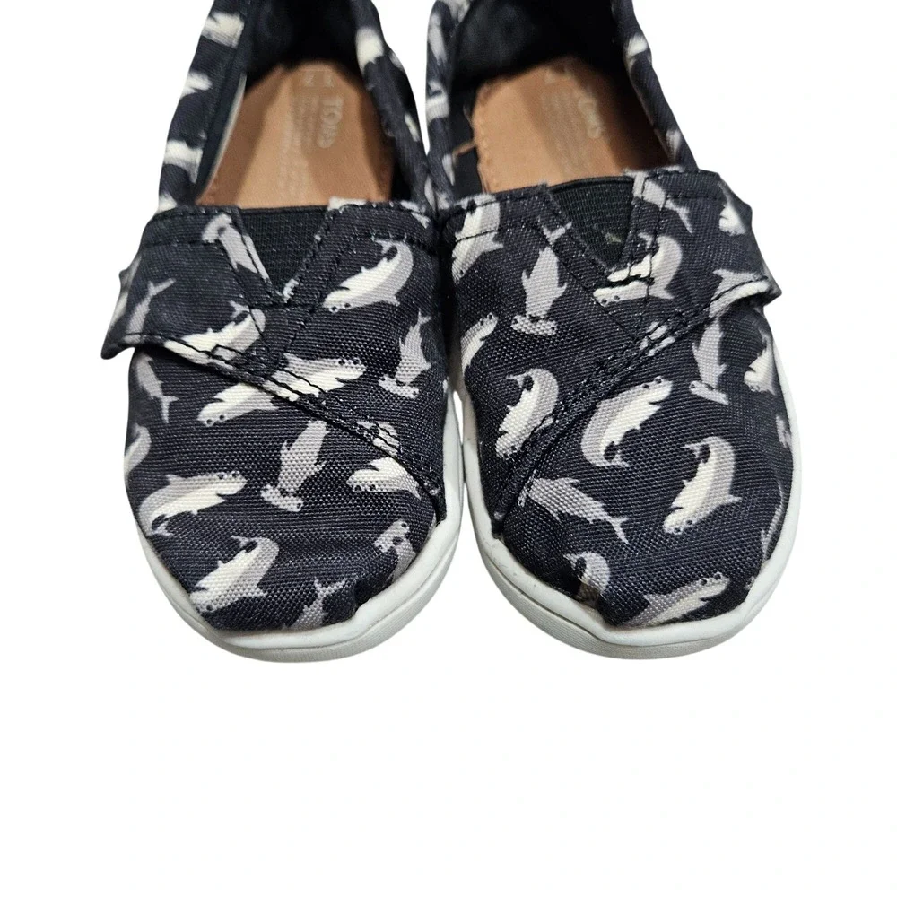 Toms Kids‎ Navy Shark Print Slip-On Shoes Size 7 Toddler Hook Loop Closure
